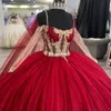 Sparkly Red Quinceanera Dresses Halter Beads Gold Appliques Lace With Cape Princess Sweet 16 Party Gown Vestidos Para Xv Anos 15