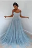 Princess Sky Blue Prom -jurken Sparkle Parken Beads Spaghetti Lange vrouwen Ocn avondfeestjurken op maat gemaakt BC5842