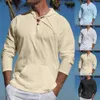 Polo da uomo Estate New T-shirt a maniche lunghe da uomo in cotone e lino Scollo a V Allacciatura Top larghi T-shirt da spiaggia Pullover casual S-2XL Q231215