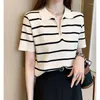 Womens Polos Summer Stripe Korean Fashion Casual Ice Silk Short Sleeved Polo Shirt Simple Temperament Women Lapel Zipper Loose Slim Thin