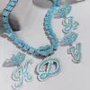 Pendant Necklaces Iced Out Blue Cursive Initial Crystal Letter Necklace For Women High Quality Square Cuban Chain Baguette Rapper Jewelry 231214