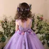 Vestidos de menina flor meninas roxo inchado apliques com flores 3d pequena festa de aniversário de casamento primeira comunhão vestido de férias