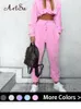 Women's Two Piece Pants Artsu Flannel 2 Two Piece Set Sport Suit Pink Fleece Crop Top Hoodies Sweat Pants Women Matching Sets Clothing Outfit Sportswear 231215