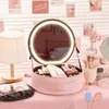 Makeup Brushes Round Ladies Wash Bag With Mirror LED Light Women Make Up Pouch Waterproof Large Capacity PU Leather Fashion Storage Box