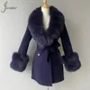 Women's Wool Blends Jxwatcher Style Cashmere Coats Real Fox Fur Collar Ladies Mid-Längd Wool Jacket Winter Elegant Belt Design Ytterkläder 231214