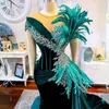 Hunter Green Feather Aso Ebi Prom Dresses Velvet Luxurious Mermaid High Split Evening Formal Gowns for Special Occasions African Arabic Gowns Birthday Party NL006