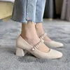 Scarpe eleganti Tacchi alti per le donne Décolleté Sandali con punta quadrata Donna 2023 Lolita Slip On Dolce Lacci Cinghie robuste Pelle Beige 3 cm Af