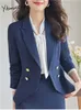 Blazer da donna Blazer Yitimuceng Eleganti set di due pezzi OutITS 2023 Office Ladies Double Breasted Gira Down Collar Blazer Solid Skirt 231214