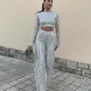 Kvinnor Tvåbitar byxor Tassel Sequin Party Set Womens Autumn Silver Loose Oneck Crop Top Wide Leg Pants Womens Set Fashion Street Womens 2piece Set 231214