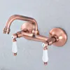 Torneiras de pia do banheiro Torneira montada na parede Antique Red Copper Acabamento Dual Cerâmica Handle Washbasin Mixer Vessel LSF898