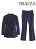 Dameskostuums Blazers TRAFZA 2023 Casual blazer Zakelijk kantoorpak Marineblauw Hoge taille Slanke trouwjurk Tuxedo Party Broek 2-delige set 231214