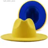 Cappelli a tesa larga Cappelli a secchiello Unisex Esterno blu Interno giallo Feltro di lana Jazz Cappelli Fedora con fibbia per cintura sottile Uomo Donna Cappello Trilby Panama a tesa larga L XL YQ231215