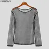 Men's T Shirts Fashion Clubwear Style Tops INCERUN Men Sexy Shiny Fabric T-shirts Casual See-through Mesh Thin Long Sleeved S-5XL 2023