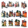 Decorações de Natal LED Resina Christmas Village Ornaments Set Figurines Decoração Papai Noel Pine Needles Snow View House Holiday Gift Home Decor 231214