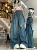 Damesjeans Gescheurd Voor Dames Hoge taille Wijde pijpen broek Blauwe overalls Street chic Vintage volledige lengte Oversized broek 2023