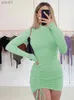 Urban Sexy Dresses WJFZQM Sexy Ruched Bodycon Mini Dress Women Clothes Fall 2022 Long Sle O Neck Lace Up Draped Tight Dresses Woman Party NightL231215