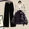 Women's Two Piece Pants Autumn and Winter Three Set Waist Slimming Cotton Coat Embroidered Sweater Matching Set Velvet Corduroy Wide 231214