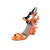 Sandals Unique Flame Shape Wedge Heels Woman Ankle-Strap Open Toe Patent Leather Srxy Super High Heel Ladies Party Shoes