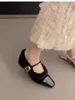 Sapatos de vestido Grosso Salto Costura Mary Jane Mulheres 2023 Inverno Quente Algodão para Cinto Fivela Plataforma De Dedo Pontudo