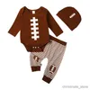 Conjuntos de roupas 2023-08-02 Lioraitiin 0-18m Baby Boy Girl Football Outfit Manga Longa Moletom Romper Rugby Stripe Calças Elásticas 3 PCS Roupas R231215