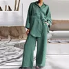 Womens Two Piece Pants Office Womens Cotton Linen Twopiece Set med Spring Solid Lapel armbands topp och breda benbyxor set 231214