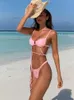 Damen-Badebekleidung, solides 2023-Bikini-Set, heller Badeanzug, Frauen-Falten-Badeanzug, hoher Schnitt, grüne Bandage, Badebekleidung, weibliche Badende, Badeanzug, Bikini T231215