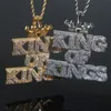 New Designer King of Kings Letter Initials Crown Charm Pendant Necklace with Rope Chain Hip Hop Women Men Full Paved 5A Cubic Zirconia Boss Men Gift Jewelry