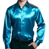 メンズドレスシャツの男性シルクのようなサテンの光沢のある長袖ソリッドカラースリムフィットクラブの衣装