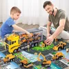 Diecast Model Car Temi Big Container Transporter Playset med Play Mat 6pcs Mini Engineering Vehicle Car Model Toys for Kids Boys Gifts 231214