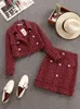 Zweiteiliges Kleid, Herbst-Winter, kleiner Duft, Vintage-Tweed, zweiteiliges Set für Damen, einreihig, kurze Wolljacke, Mantel, Minirock, 2-teiliges Set 231215