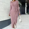 Casual Kleider Herbst Winter Mode Einfarbig Gestrickte Zwei Kleid Frauen Sexy Rundhals Langarm Spitze Up Bleistift Rock Schlank