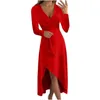 Robes décontractées femmes robe fendue moulante midi sexy col en V à manches longues cocktail fête printemps couleur unie robes élégantes