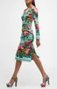 유럽 ​​패션 브랜드 블루 탄성 실크 플로럴 프린트 타이트 피팅 승무원 목 롱 슬리브 미디 드레스