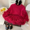 Pullover Baby Girl Princess Sweater Ball Solid Tutu kjol Autumn Winter Child Knittad Pullover Top Christmas Mesh kjol Baby Cothes 1-8y 231215
