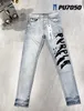 Mens Jeans 2019 Nya lila mäns jeans med etiketttryck High Street Slim Fit Hip-Hop Denim Designer Pants Light Blue 231215