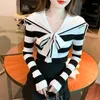 Dames truien zoete matroos kraag knop vaarte Koreaanse gestreepte vrouwelijke kleding 2024 Spring slanke gebreide all-match tops