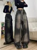 Damesbroeken Amerikaanse retro gewassen zwarte lange broek Baggy elastische taille Veters met wijde pijpen Koreaanse mode Y2k streetwear gothic