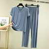 Kadınların Modal Pamuk İlkbahar/Yaz Pijamaları Gevşek V yakalı Kısa Kollu Uzun Pantolon Pocket İnce Homewear Kadınlar Pijama Takım