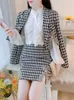 Two Piece Dress Autumn Winter Small Fragrance Houndstooth Tweed 2 Piece Sets Women Diamonds Bow Short Jacket Coat Mini Skirt Woolen Suits 231215