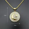 Muslim Crescent Moon and Star Pendant 14k Yellow Gold Round Necklace Hip Hop Iced Out Women Men Islamiska smycken