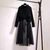Женские рабочие платья 2023, зимний элегантный костюм, свободный свитер с высоким воротником и сетчатая юбка, комплект из двух предметов, модная трикотажная одежда Y2K