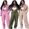 Fashion Fleece Two Piece Set Women Tracksuit Long Sleeve Zipper Jacket And Pocket Wide Leg Pants Autumn Winter Cargo 2 Piece Sets Outfits