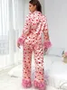 Kvinnor S Two Piece Pants Classic Heart Print Christmas Pyjama Set Valentine S Day Long Sleeve Buttons Top Sleepwear Loungewear 231215