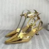 Sandals 2023 Spring Summer Ankle Buckle Kitten Heels Rivet Decor Pointed Toe Shoes For Women Solid Color Patent Leather