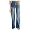 Damen-Jeans, hohe Taille, lockeres, gerades Bein, Denim-Hose mit Taschen, Knopf, elastisch, einfarbig, lässig, lange Hose für Damen