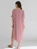 Kvinnors sömnkläder Hiloc Green V-ringad bomull Nattrinna Kort ärm Nattklänningar 2024 Spring Mid-Calf Slit Sexig Women Nightwear Pink Woman