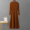 Casual Dresses Long Sleeve Party Midi Dress For Women Knitted O Neck Elegant Sweater Ladies Slim Waist A-line