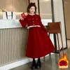 Clothing Sets 2024 Europe Spring Winter Girls Clothes Set Teenager Red Lace Button Velvet Coat Long Skirt Year 5 6 7 8 9 10 11 12 Years