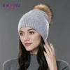 BeanieSkull Caps ENJOYFUR Winter Bont Pompom Hoeden Voor Vrouwen Kasjmier Wol Gebreide Muts Zacht Warm Dubbellaags Schedel Beanie Echt Bont Bobbelhoed 231215