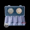 60 peças transparente redondo 41mm suporte de cápsulas de moedas de ajuste direto estojo de coleção com caixa de armazenamento para 1 oz águias de prata americanas l269h